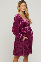 Magenta Velour Square Neck Maternity Dress