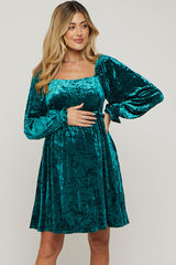 Green Teal Velour Square Neck Maternity Dress