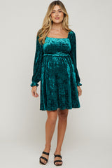 Green Teal Velour Square Neck Maternity Dress