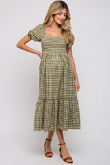 Olive Gingham Smocked Maternity Midi Dress