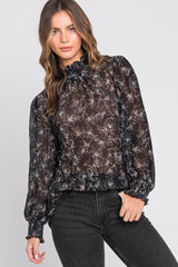 Black Floral Plisse Mock Neck Maternity Blouse