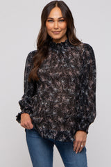 Black Floral Plisse Mock Neck Maternity Blouse