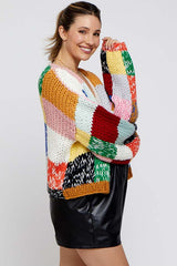 Multicolor Color Block Checkered Thick Knit Maternity Cardigan