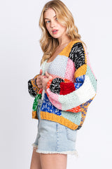 Multicolor Color Block Checkered Thick Knit Cardigan