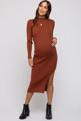 Brown Ribbed Mock Neck Side Slit Maternity Midi Dress