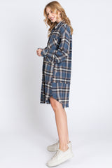 Blue Plaid Button Down Raw Hem Dress