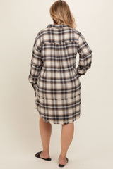 Taupe Plaid Button Down Raw Hem Plus Maternity Dress