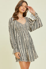 Black Floral Stripe Smocked Long Sleeve Dress