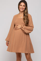 Camel Tie Back Smocked Long Sleeve Maternity Dress