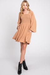 Camel Tie Back Smocked Long Sleeve Maternity Dress