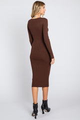 Brown Ribbed Fitted Button Long Sleeve Dress