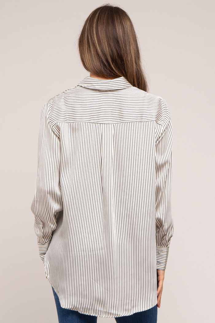 Ivory Striped Satin Maternity Button Up Top
