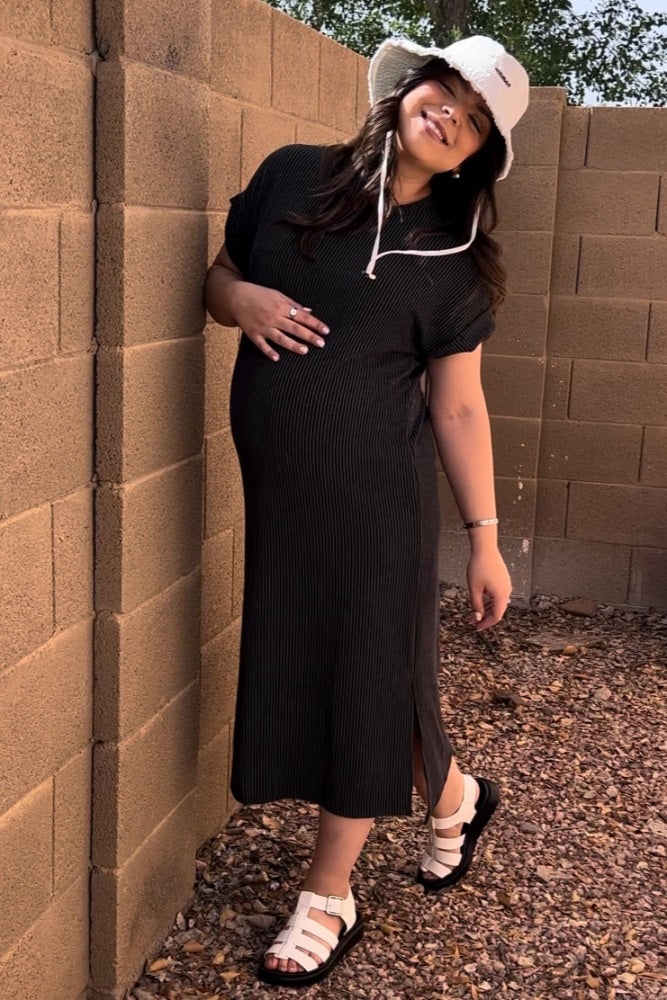 Charcoal Ribbed Short Sleeve Maternity Midi Dress