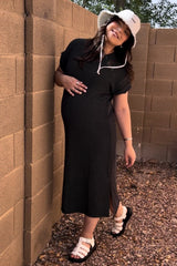 Charcoal Ribbed Short Sleeve Maternity Midi Dress