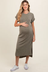 Olive Ribbed Short Sleeve Maternity Midi Dress