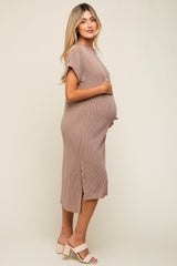 Mocha Ribbed Short Sleeve Maternity Midi Dress