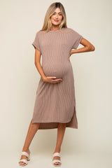 Mocha Ribbed Short Sleeve Maternity Midi Dress