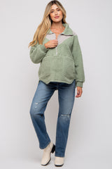 Green Colorblock Half Zip Fleece Maternity Pullover