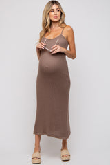 Mocha Open Knit Crochet Maternity Midi Dress