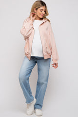 Light Pink Zipper Hooded Maternity Jacket