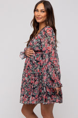 Black Floral Ruffle Accent Maternity Dress