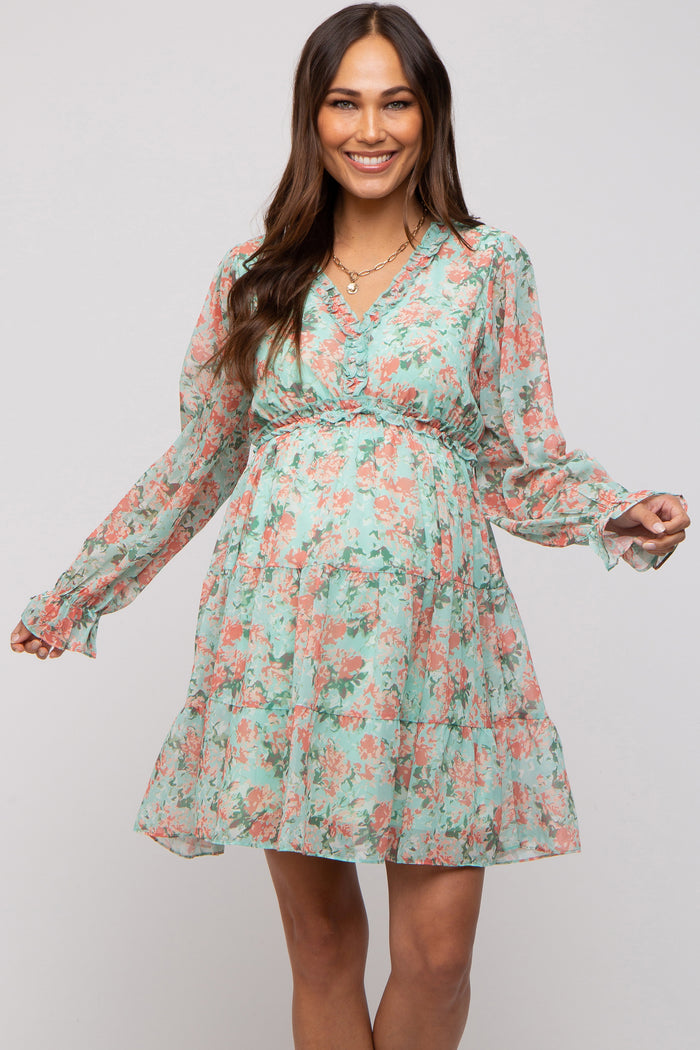 Aqua Floral Ruffle Accent Maternity Dress