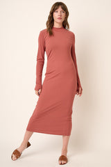 Rust Ribbed Mock Neck Midi Dress