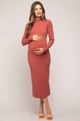 Rust Ribbed Mock Neck Maternity Midi Dress