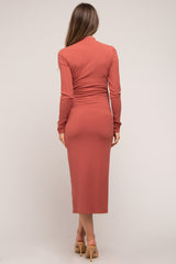 Rust Ribbed Mock Neck Maternity Midi Dress