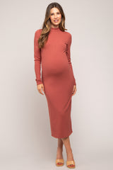 Rust Ribbed Mock Neck Maternity Midi Dress