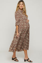 Burgundy Floral Collared Tiered Maternity Maxi Dress