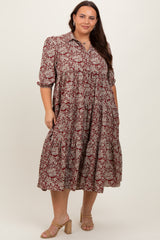 Burgundy Floral Collared Tiered Plus Maxi Dress