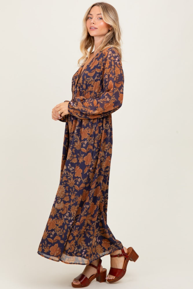 Navy Floral Long Sleeve V-Neck Maxi Dress