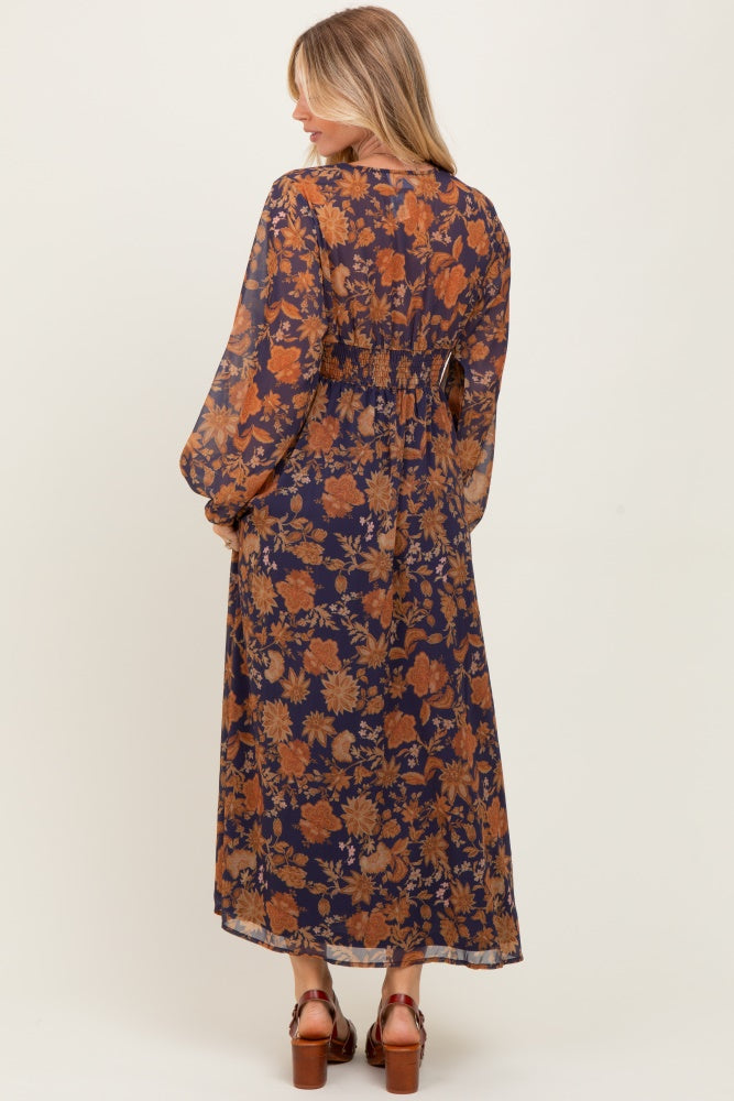 Navy Floral Long Sleeve V-Neck Maxi Dress