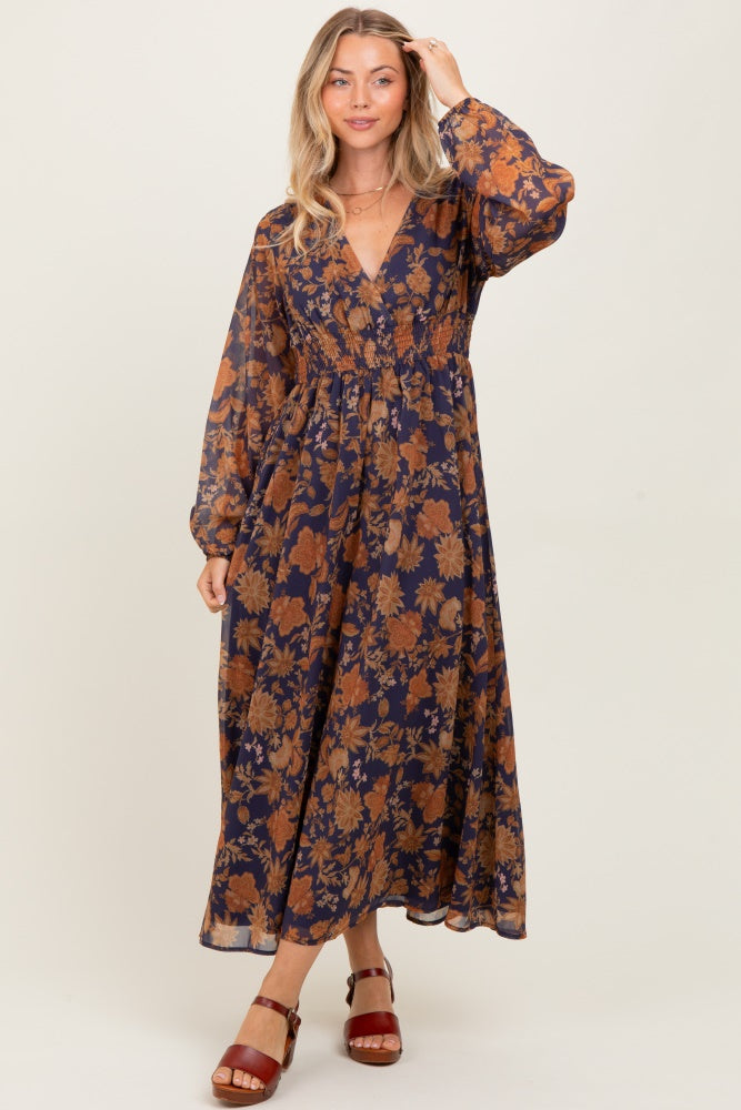 Navy Floral Long Sleeve V-Neck Maxi Dress