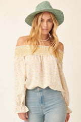 Yellow Floral Smocked Off Shoulder Relaxed Top