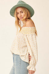 Yellow Floral Smocked Off Shoulder Relaxed Top