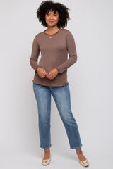 Brown Rib Knit Lettuce Trim Maternity Long Sleeve Top