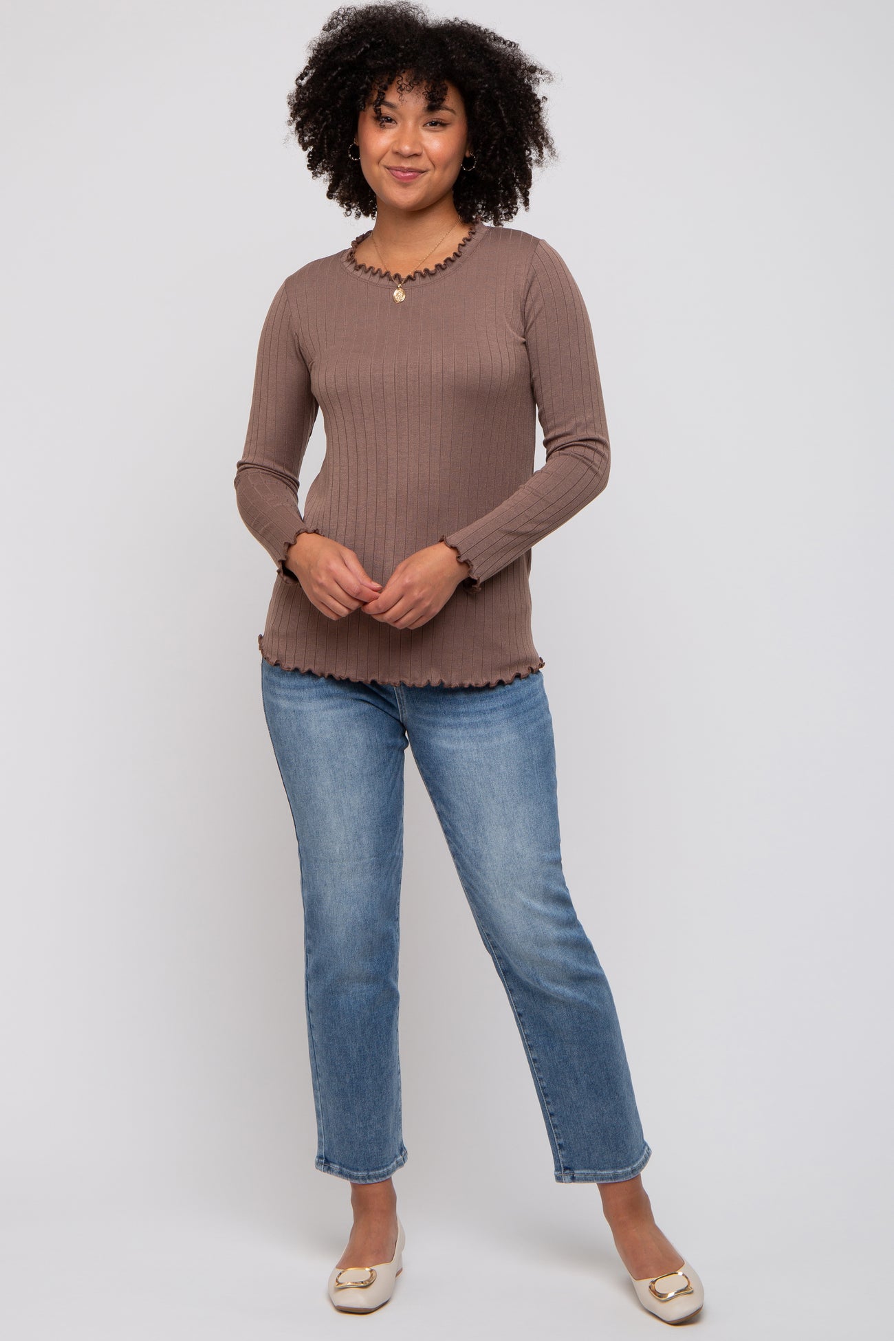 Brown Rib Knit Lettuce Trim Maternity Long Sleeve Top