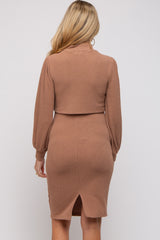 Mocha Rib Knit Mock Neck Maternity Nursing Dress