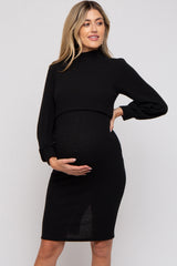 Black Rib Mock Neck Maternity Nursing Dress