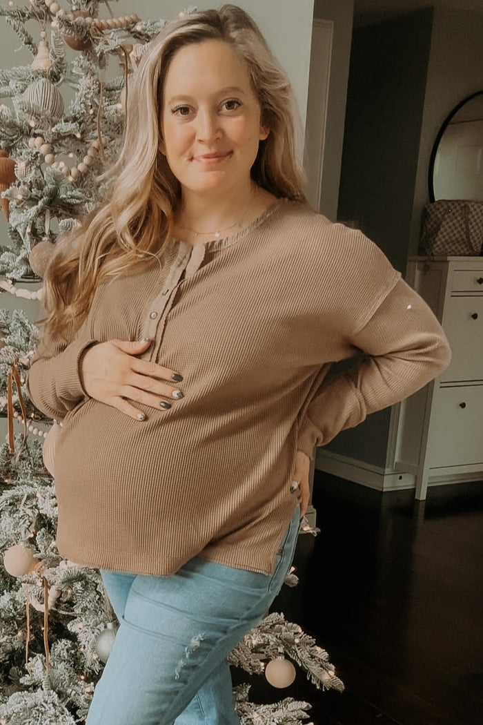 Mocha Waffle Knit Maternity Henley Top