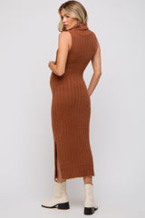 Camel Fuzzy Knit Sleeveless Turtle Neck Maternity Midi Dress