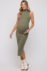 Olive Fuzzy Knit Sleeveless Turtle Neck Maternity Midi Dress