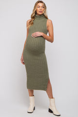 Olive Fuzzy Knit Sleeveless Turtle Neck Maternity Midi Dress