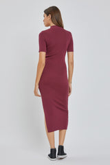 Burgundy Knit Fitted Mock Neck Midi Dress