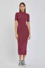 Burgundy Knit Fitted Mock Neck Midi Dress