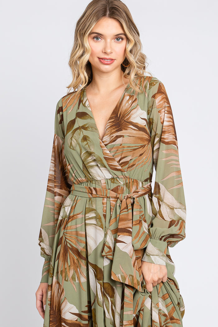 Olive Palm Print Chiffon Wrap Front V-Neck Long Sleeve Maxi Dress