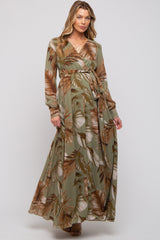 Olive Palm Print Chiffon Wrap Front V-Neck Long Sleeve Maternity Maxi Dress