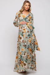 Mint Green Floral Chiffon Wrap Front V-Neck Long Sleeve Maternity Maxi Dress